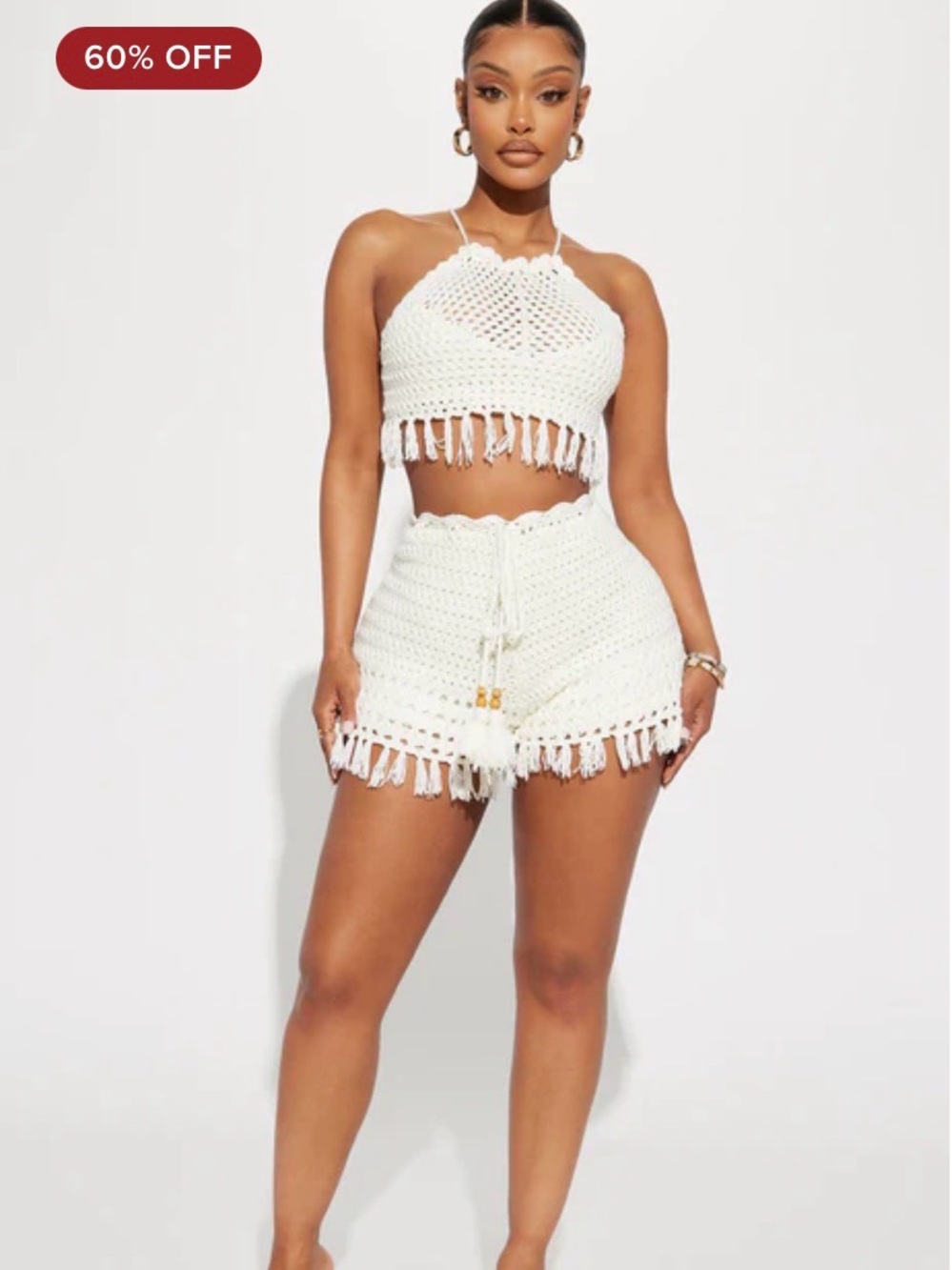 Fashion Nova White Crochet Fringe High-Waist Shorts